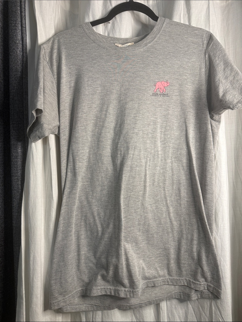 Simply southern women’s Grey Short Sleeve Tee with Pink Elephant Graphic